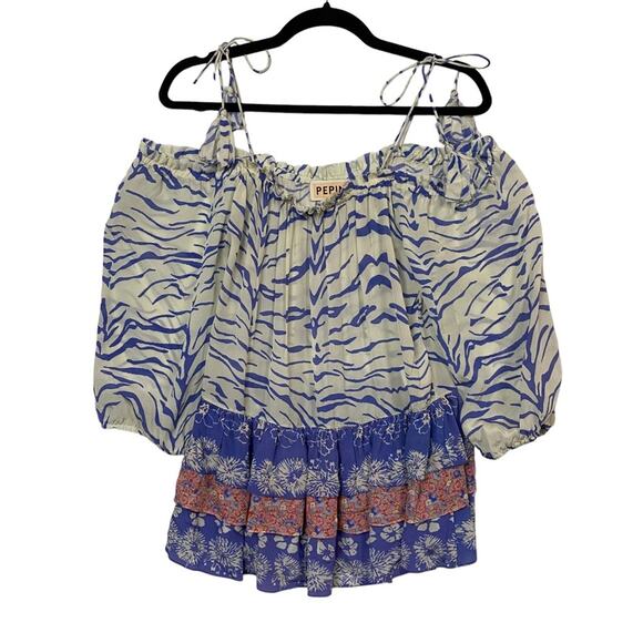 Pepin Blue Floral Ruffled Off Shoulder Top Size Small - Picture 1 of 7